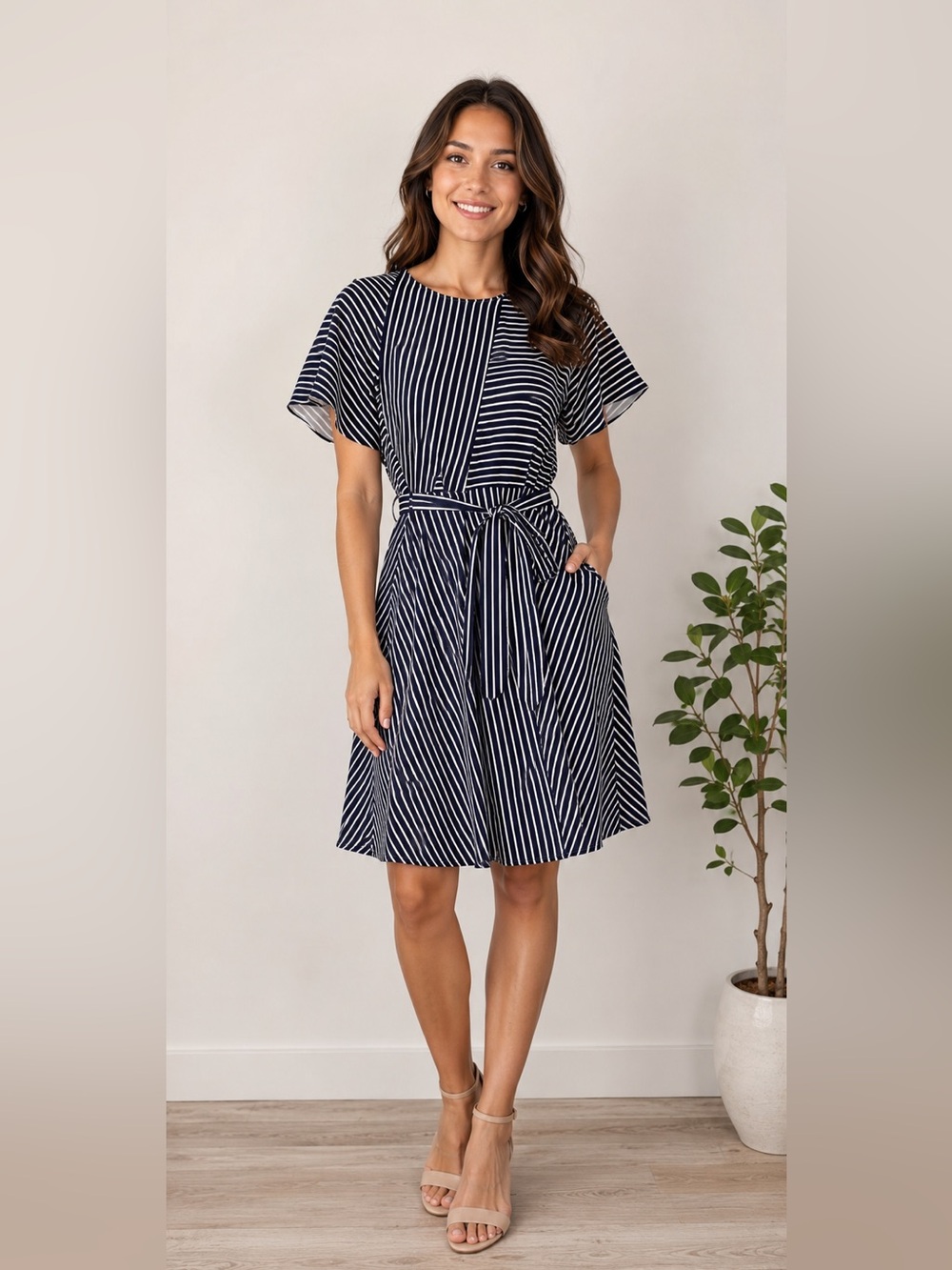 Banana Republic Navy & White Striped Tie-Waist Mini Dress